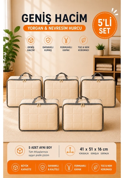 5'li Set Mor Şeffaf Kapaklı Hurç 28x32x15 Cm Orta Boy Dolap İçi Kıyafet Ve Havlu Düzenleyici Ekru