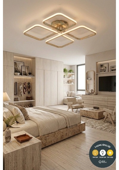 March Dekoratif Plafonyer Kumandalı Led Avize Eskitme-4'lü Geometrik Kare 3 Renk Yanma Özellikli