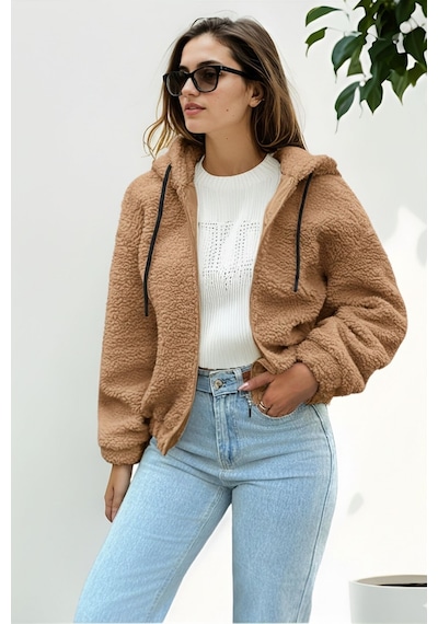 Hiramir Peluş Kapüşonlu Kadın Bomber Mont Taş Ks2503 Camel