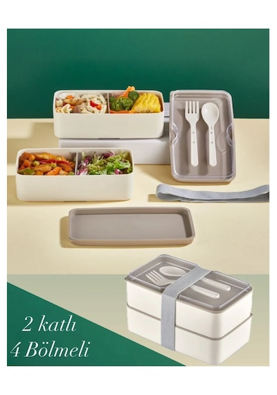 Lunch Box 2 Katlı Krem Çatal Kaşıklı Saklama Kabı 1003 Beslenme