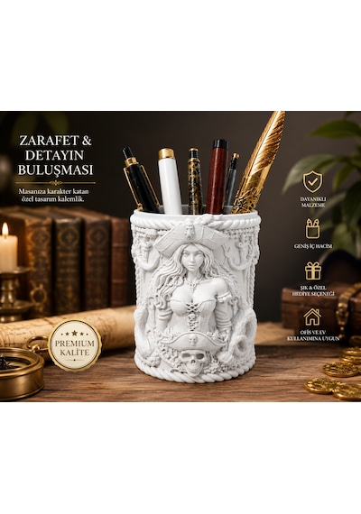 Özel Tasarım Korsan Temalı Dekoratif Kalemlik 8x10 Masaüstü Organizer Premium Kalem Tutucu Beyaz