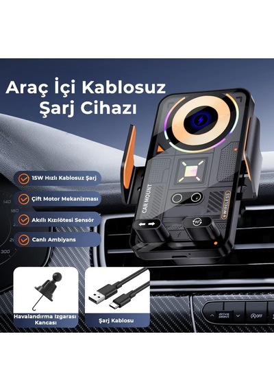 Sd38 15w Otomatik Sensörlü Hızlı Kablosuz Şarjlı Araç Telefon Tutucu - Tek Tuşla 90 Dönen, Çift Motorlu & Rgb Işıklı Havalandırma Tutacağı