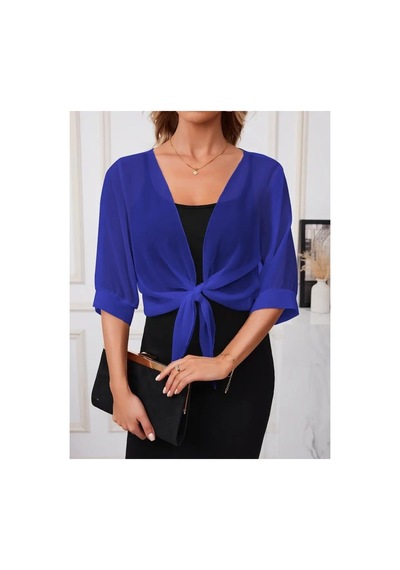 Butik İstanbul Kadın Truvakar Kollu Önden Bağlamalı Kısa Şifon Bolero Ceket Mavi