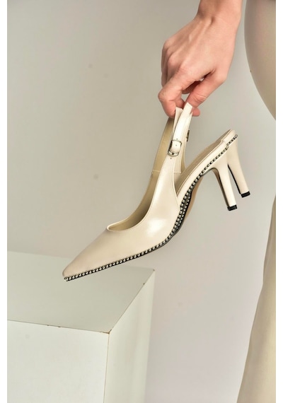 Fox Shoes Y572099760 Bej Rustik İnce Topuklu Kadın Ayakkabı Bej