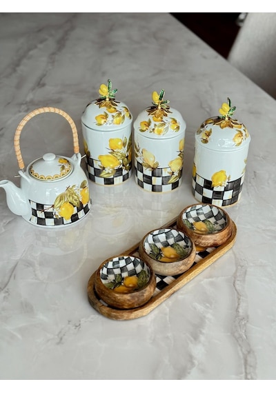 Crearthome Linda 4 Lü Çerezlik Seti Mango Ağacı Servis Sunum Tabağı Limon Desen Miss9663-43 çok renkli