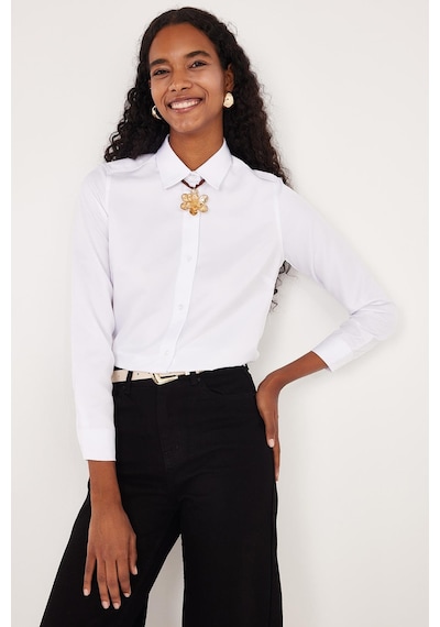 Tudors Kadın Slim Fit Dar Kesim Vucüda Oturan Uzun Kollu Beyaz Basic Gömlek-35322 Beyaz