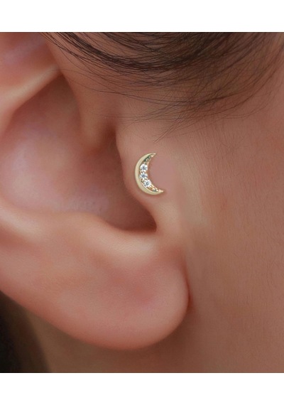 14 Ayar Altın Taşlı Hilal Tragus Piercing Sarı Altın