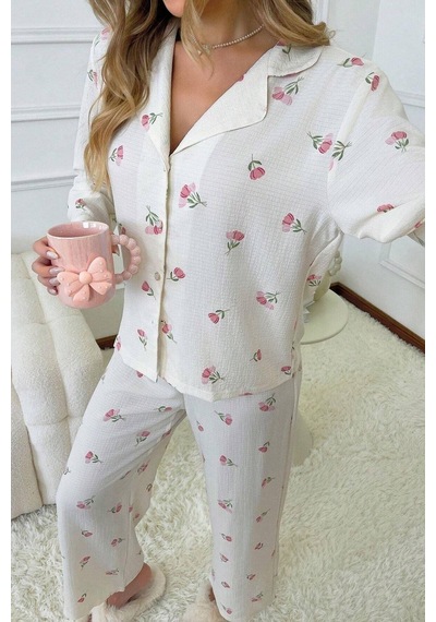 Bella Notte Kadın Ekru Çiçek Baskılı Kışlık Uzun Pijama Takımı