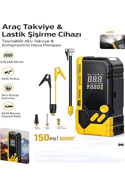 10000mah Akü Takviyeli Hava Pompası Kompresör Powerbank 150 Psı Led Fener Akıllı Basınç Siyah - Abs+