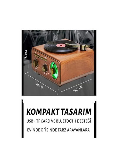 Nostaljik Tasarım Plak Çalar Görünümlü Radyolu Bluetooth Hoparlör Retro Müzik Plak Açık Kahverengi