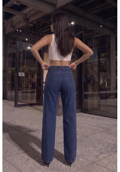 Kadın Koyu Mavi Likralı Yüksek Bel Önü Full Taşlı Wide Leg Geniş Paça Jean Kot Pantolon