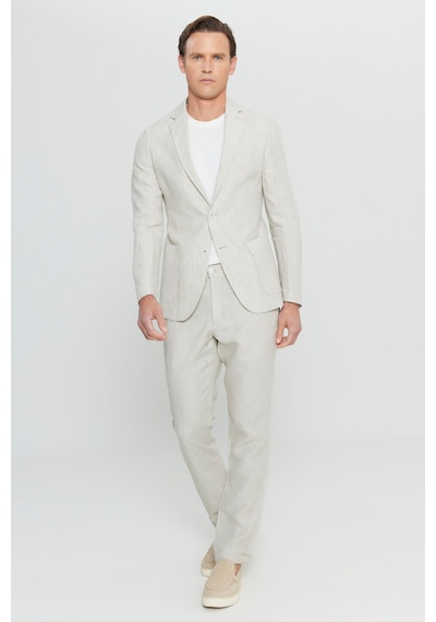 AC&Co / Altınyıldız Classics Erkek Bej %100 Keten Slim Fit Dar Kesim Mono Yaka Diagonal Desenli Torba Cepli Takım Elbise Bej