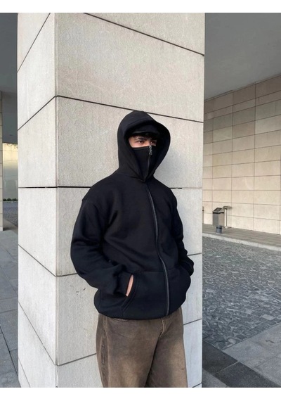 Efnaz Style Samuray Ninja Çift Kapşonlu Zıp Fermuarlı Kanguru Çepli Tam Fermuarlı Hoodie Swetshirt - Siyah