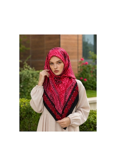 B Blueberry İtalia Premium Bursa İpeği Desenli Eşarp kırmızı