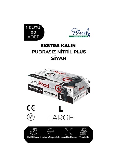 Ekstra Kalın Nitril Siyah Plus Muayene Eldiveni L - 1 Paket 100'lü