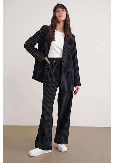 Mixray 4753 Kadın Çizgili Oversize Blazer Ceket Lacivert