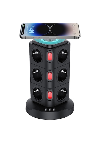 Akım Korumalı 2.4a Priz Kablosuz Şarj İstasyonu 12x Soket 1x Usb 2x Type-c Kablolu Priz Çoğaltıcı