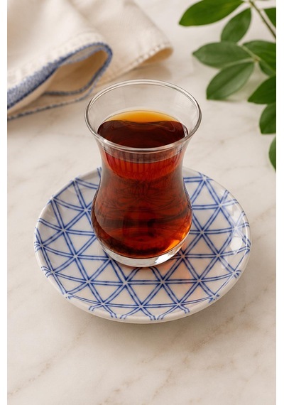 6 Lı Porselen Çay Tabağı, Porselen Çay Tabak Geometrik Desen Mavi