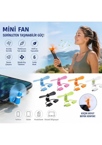 Taşınabilir Usb Mini Fan - Type-c Ve Lighting Girişli Pervane - Cep Telefonu Tablet Pc Powerbank