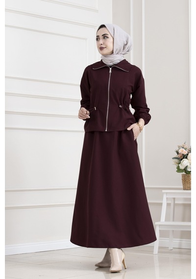 Sevitli Beli Tünelli Fermuarlı Etekli Takım-bordo-5627 Bordo