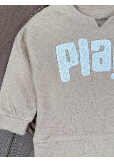 Bebicix Bereli Likralı Play Nakışlı Kanvars Pantolon 3lü Erkek Bebek Bej
