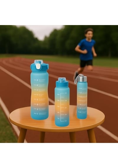 3 Lü Renkli Suluk Seti Motivasyonlu Spor Matara Seti 2l, 900ml Ve 300ml Su Şişesi Sızdırmaz, Dayanıklı, Şık Tasarım Mavi-turuncu 0