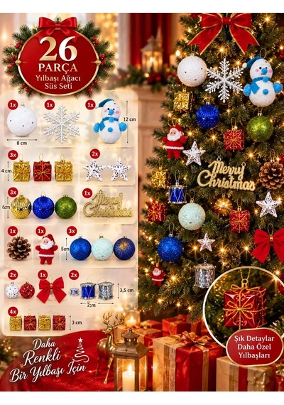 Ers 26 Parça Yılbaşı Ağacı Süsleme Seti Noel Dekoru Çam Ağacı Süsü Karışık Renkli Yılbaşı Süsleri Diğer