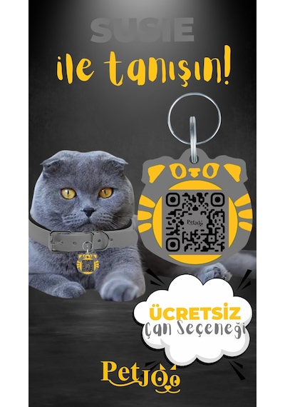Petjoo 3.Susie Sarı-Gri Qr'lı Kedi Künyesi