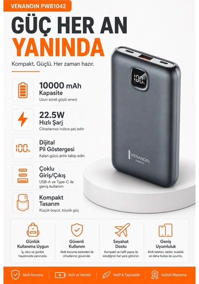 Çok Girişli 10000 Mah Powerbank 22.5w Hızlı Şarj Destekli Mobil Batarya Çok Renkli