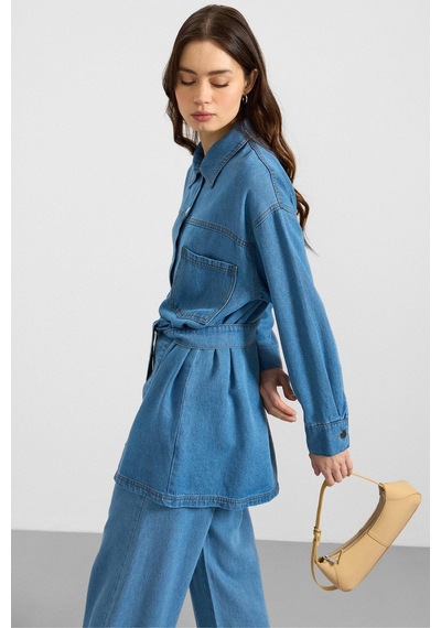 Olcay Metal Düğmeli Soft Denim Ceket Pantolon Mavi 9401-tk