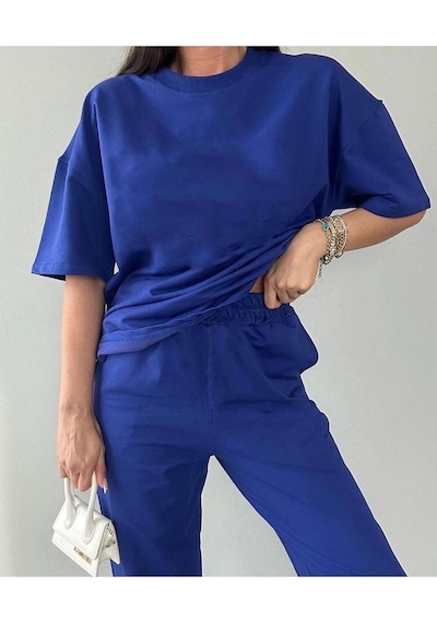 Basic T-shirt Eşofman Altı Jogger - Saks Mavi Düz Alt Üst Eşofman Takımı Oversize Bisiklet Yaka Saks Mavi Basic T-shirt Eşofman Altı Jogger - Saks Mavi Düz Alt Üst Eşofman Takımı Oversize Bisiklet Yaka Saks Mavi
