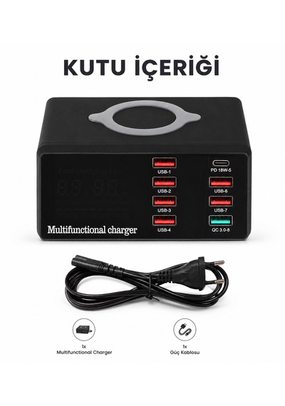 8 Portlu 7 Usb + Type-c Pd Çoklu Şarj İstasyonu Kablosuz + Kablolu Şarj Bir Arada