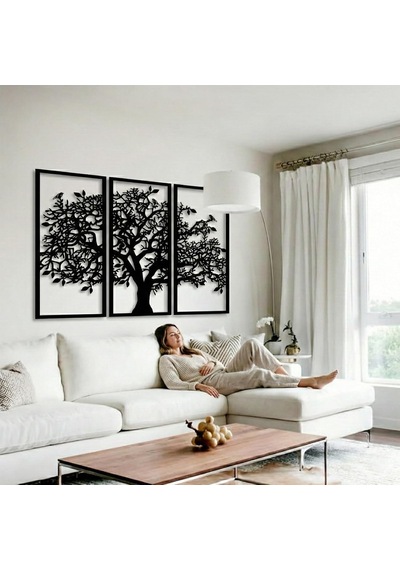 3 Panel Aile Ağacı Metal Duvar Dekoru, Siyah, 76x51cm Diğer