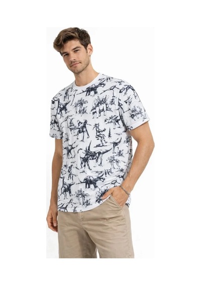 Veraura Lifestyle Erkek Beyaz Dinozor Desenli Tişört Regular Fit, Bisiklet Yaka, Dijital Baskılı Pamuklu T-shirt - Beyaz