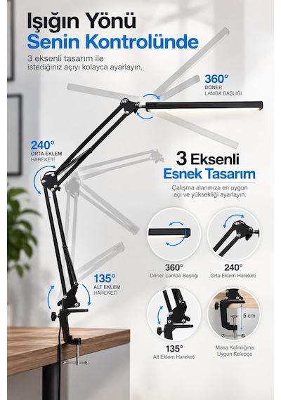 80 Led Uzun Kollu Kelepçeli Masa Lambası - 3 Renk 10 Kademe Parlaklık, 360 Ayarlanabilir Başlık, Usb Mimar Çalışma Okuma Çizim Lambası Bilgisayar Masası Lambası Akrobatik Lamba