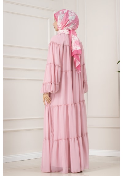 Sevitli Robalı Manolya Şifon Elbise-pembe-5786