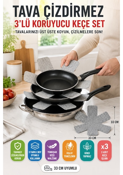 3'lü Gri Tava Çizdirmez Keçe Koruyucu 33 Cm Tava Tencere Ayırıcı Çizik Önleyici Organizer Set