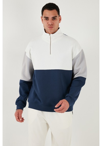 Buratti Renk Bloklu Regular Fit Yarım Fermuarlı Dik Yaka Erkek Sweat 5905719 Indigo