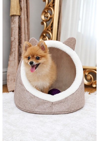 Kapalı Keçe Kedi Evi Ve Küçük Köpek Yatağı, Kulaklı Yuvalı Tasarım, Bej 40 34 35 Cm - 934271796