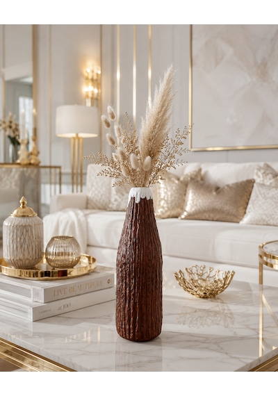 El Yapımı Dekoratif Vazo 26 Cm Kırılmaz Kahverengi Modern Salon Konsol Pampas Vazosu Beyaz - Kahverengi