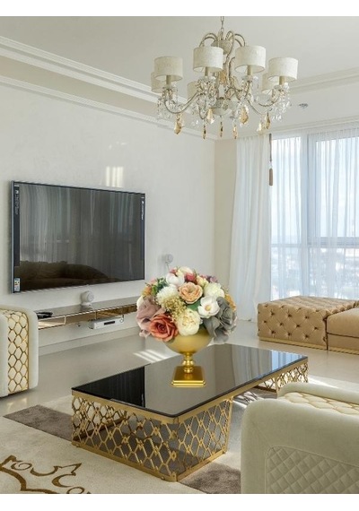 Yapay Çiçek Aranjmanı Büyük Boy Pudra Tonlar Gold Metal Vazolu Arajman Nişan Kız İsteme Çiçeği