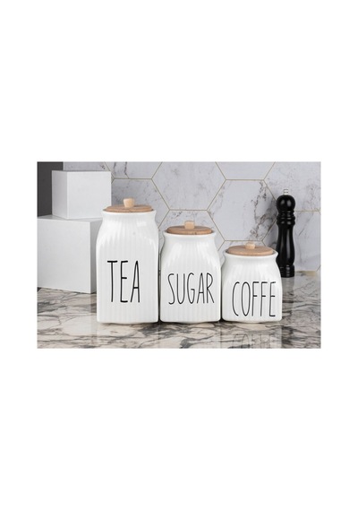 6 Parça Bambu Standlı Kare Porselen 1000ml Yağdanlık Ve 3 Lü Tea Sugar Coffe Kavanoz Seti Beyaz Beyaz