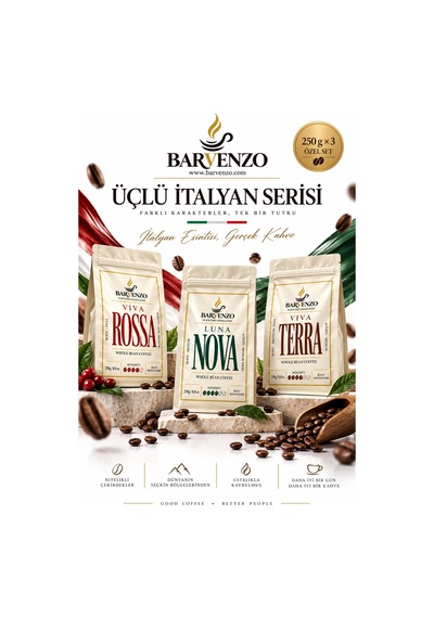 Barvenzo Üçlü İtalyan Serisi 250 G 3 Viva Rossa + Luna Nova + Viva Terra Moka Pot