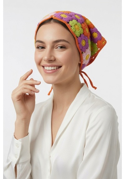 Çicekli Renkli Örgü Bandana Kadın Granny Square Yazlık Aksesuar Turuncu