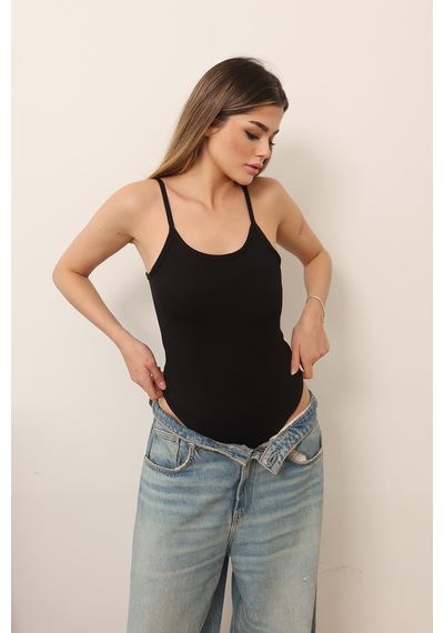 Jee Lee Kadın Askılı Kaplı Çıtçıtlı Body Siyah - 5070