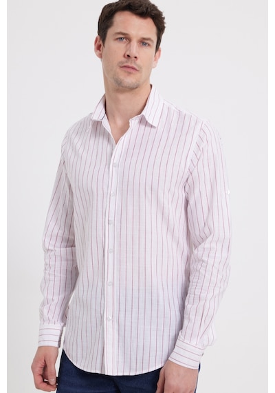 Tudors Erkek Slim Fit Dar Kesim Uzun Kollu %100 Pamuk Keten Doku Çizgili Gömlek-42650 Beyaz