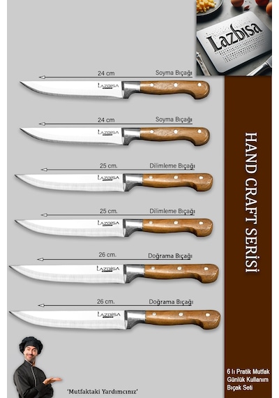 Lazbisa Mtf-048 Hand Craft Mutfak Bıçak Seti Et Ekmek Sebze Meyve Doğrama Bıçağı 6 Lı Günlük Kullanım Kırmızı