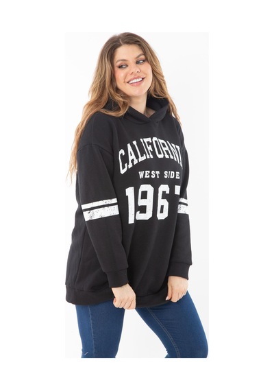 Şans Kadın Büyük Beden Haki İçi Şardonlu Üç İplik Kapşonlu Sweatshirt 65n37290-siyah Siyah