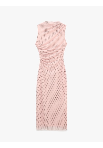 Koton Drapeli Slim Fit Kolsuz Bisiklet Yaka Puantiyeli Uzun Elbise Pembe Desenli 6sal80251ık