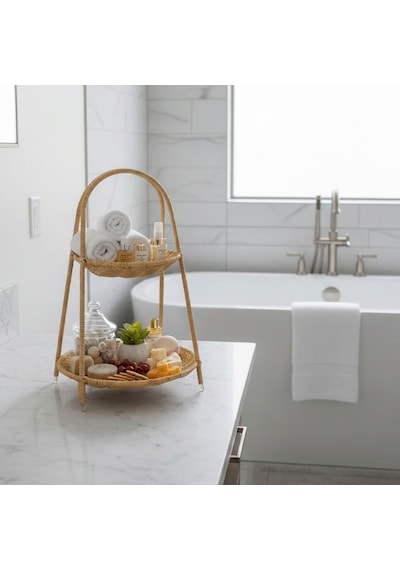 Buffer Plastik Rattan İki Katlı Sunumluk Dekoratif Organizer, Mutfak Meyve,sebze Sepeti, Banyo Çok Renkli